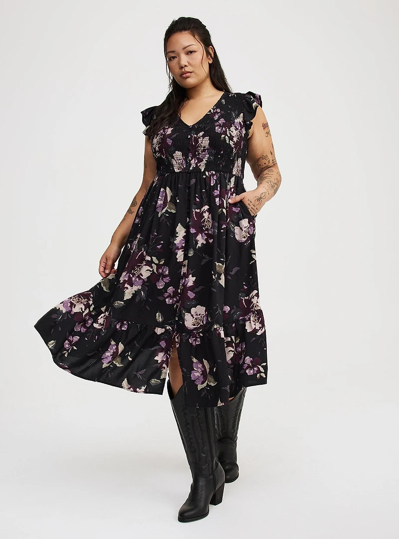 Midi Ruffle-Sleeve Tiered Dress