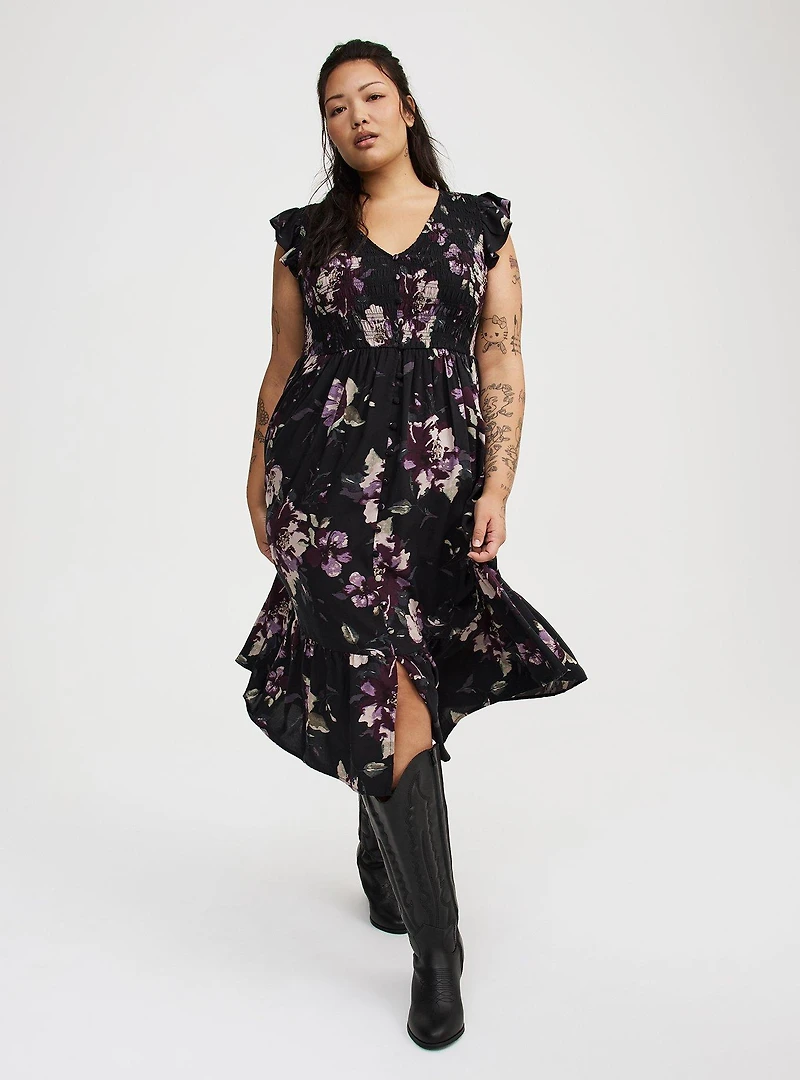 Midi Ruffle-Sleeve Tiered Dress