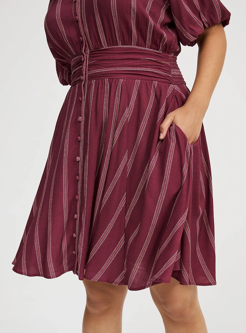 Bubble-Sleeve Button-Up Mini Dress