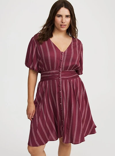 Bubble-Sleeve Button-Up Mini Dress