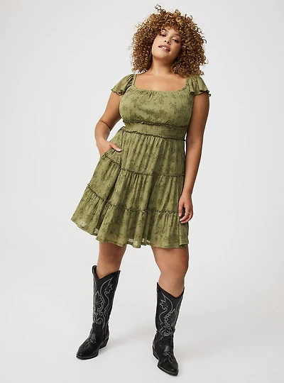 Mini Flutter-Sleeve Tiered Dress