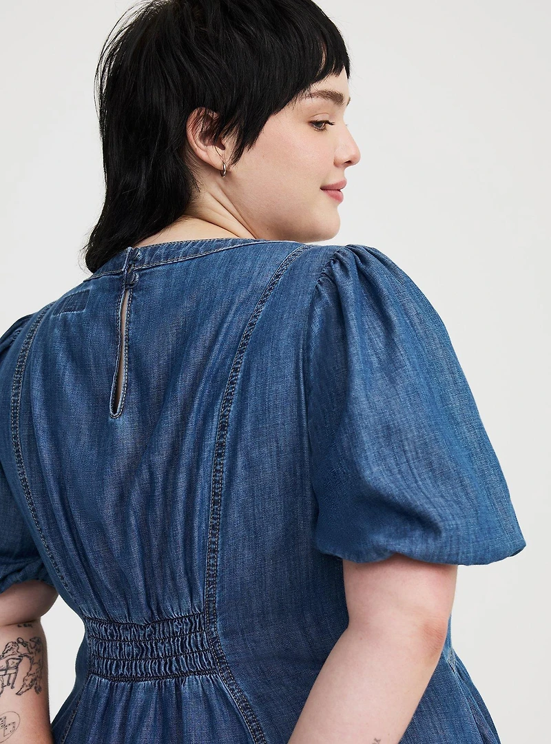 Puff-Sleeve Tea-Length Denim Dress