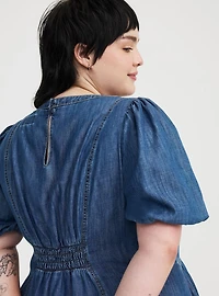 Puff-Sleeve Tea-Length Denim Dress