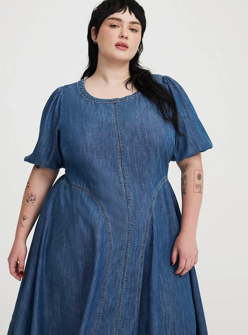 Puff-Sleeve Tea-Length Denim Dress