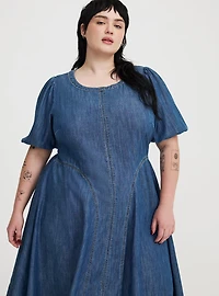 Puff-Sleeve Tea-Length Denim Dress