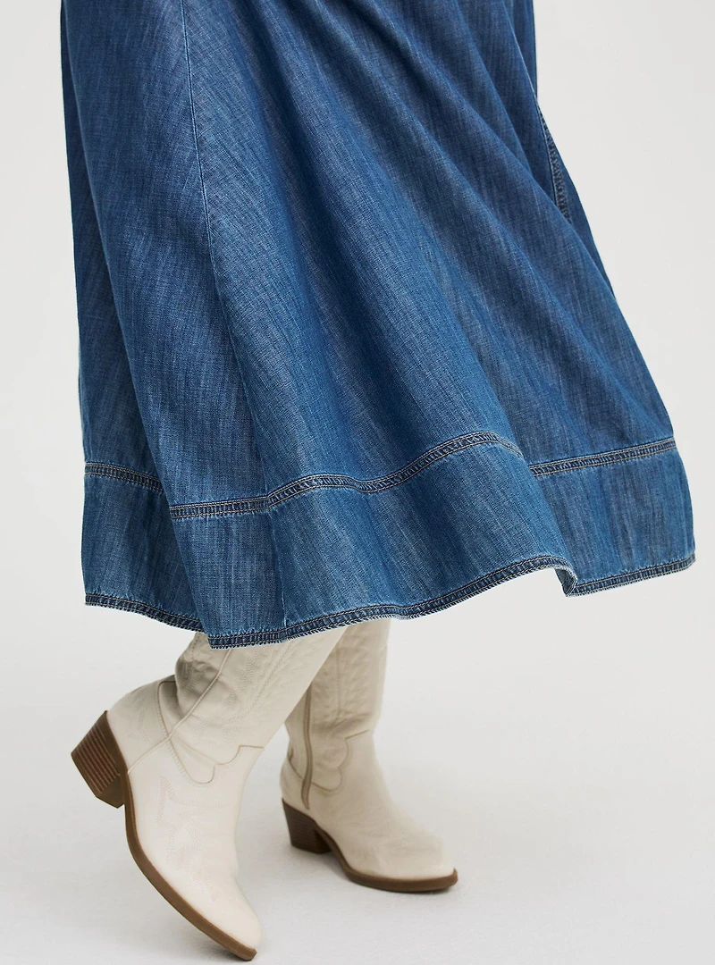 Puff-Sleeve Tea-Length Denim Dress