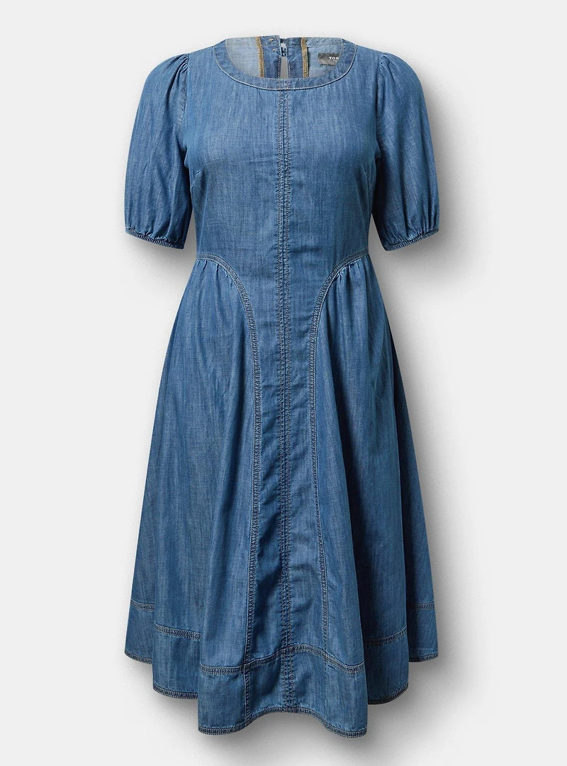Puff-Sleeve Tea-Length Denim Dress