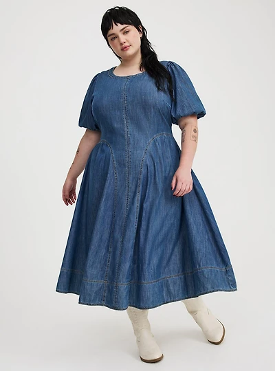 Puff-Sleeve Tea-Length Denim Dress