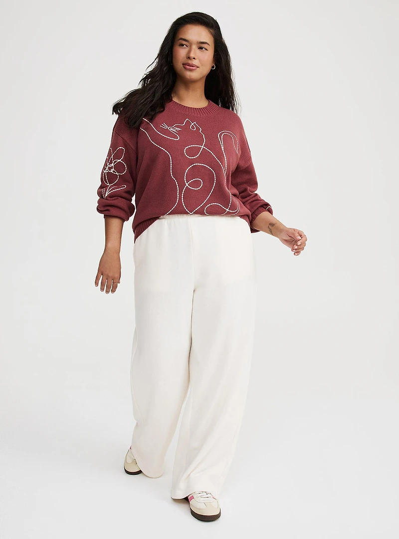 Embroidered Drop-Shoulder Crew Pullover