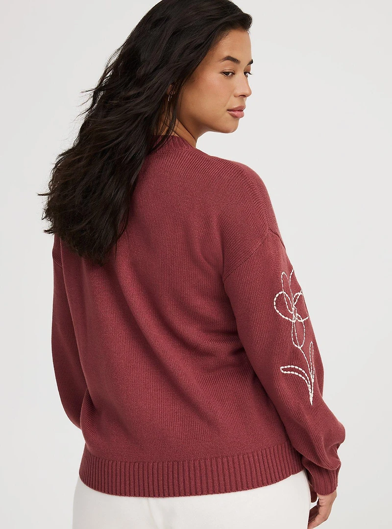 Embroidered Drop-Shoulder Crew Pullover