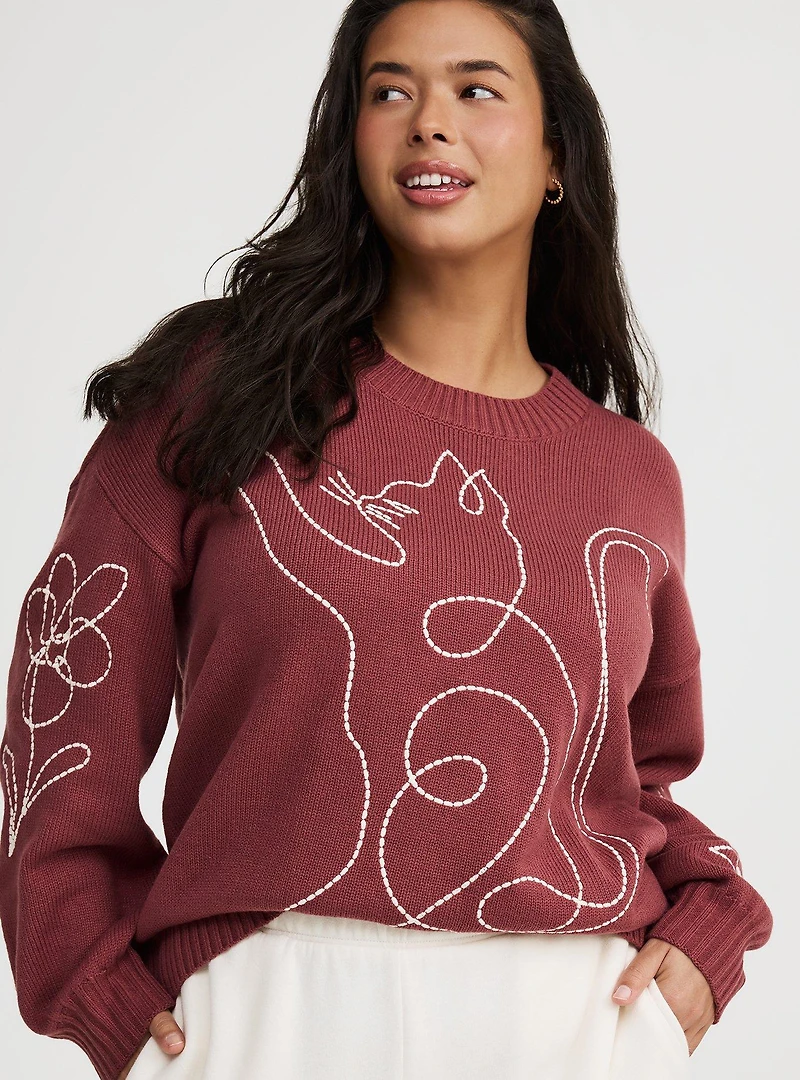 Embroidered Drop-Shoulder Crew Pullover