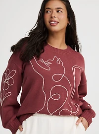 Embroidered Drop-Shoulder Crew Pullover