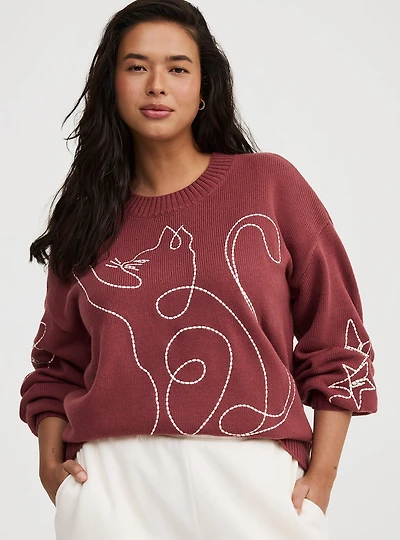 Embroidered Drop-Shoulder Crew Pullover