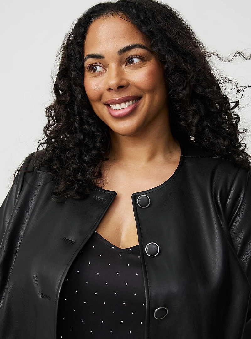 Collarless Faux Leather Jacket