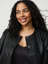 Collarless Faux Leather Jacket