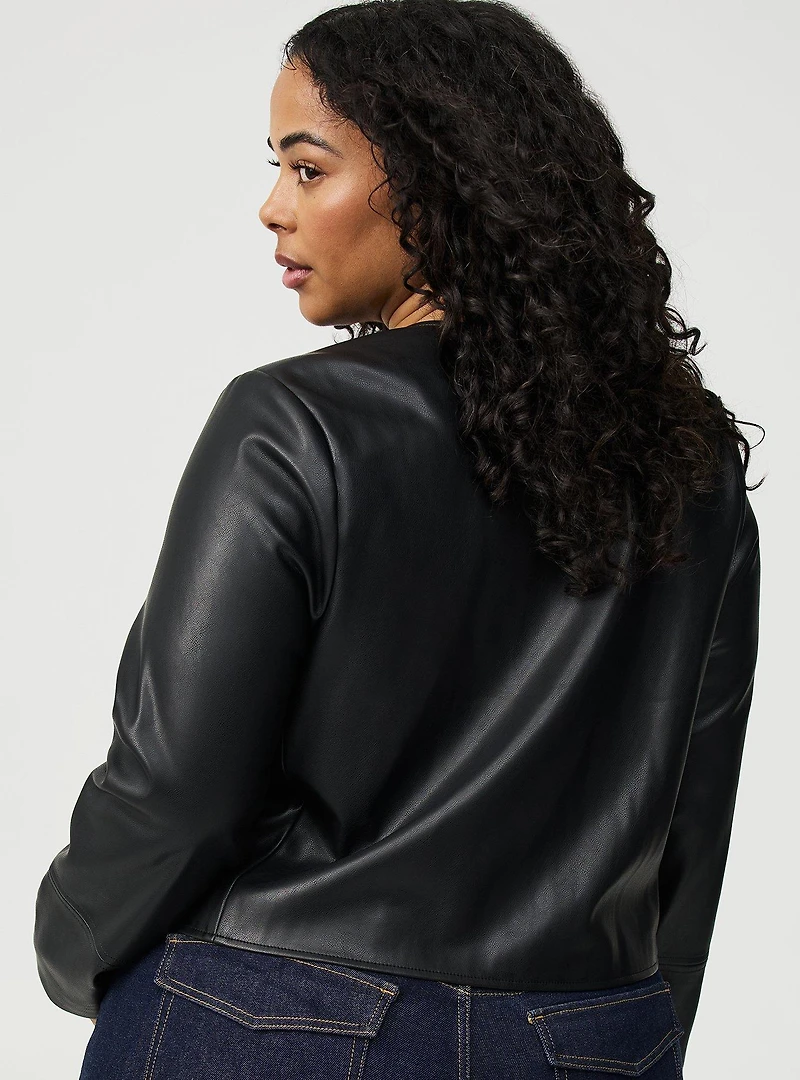 Collarless Faux Leather Jacket