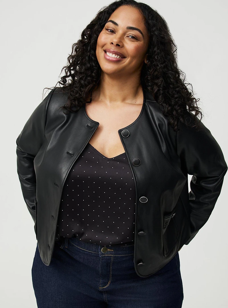 Collarless Faux Leather Jacket