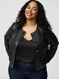 Collarless Faux Leather Jacket