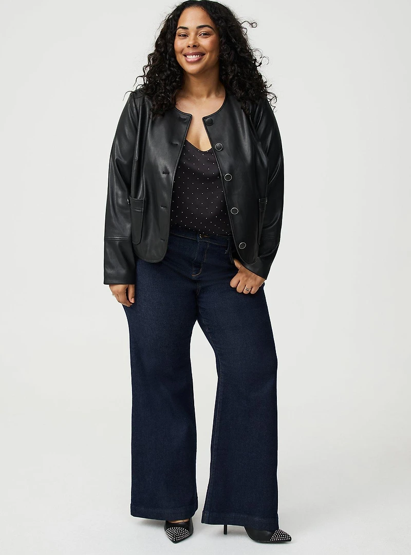 Collarless Faux Leather Jacket