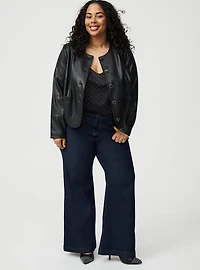 Collarless Faux Leather Jacket