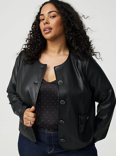 Collarless Faux Leather Jacket