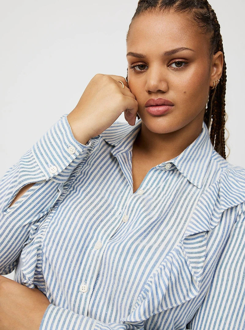 Ruffle Front Button-Up Shirt