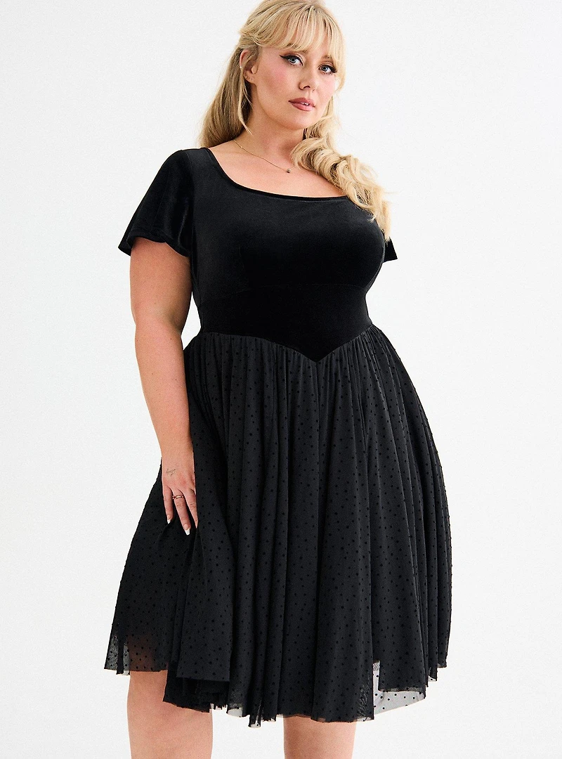 Retro Chic Flocked Mesh & Velvet Dress