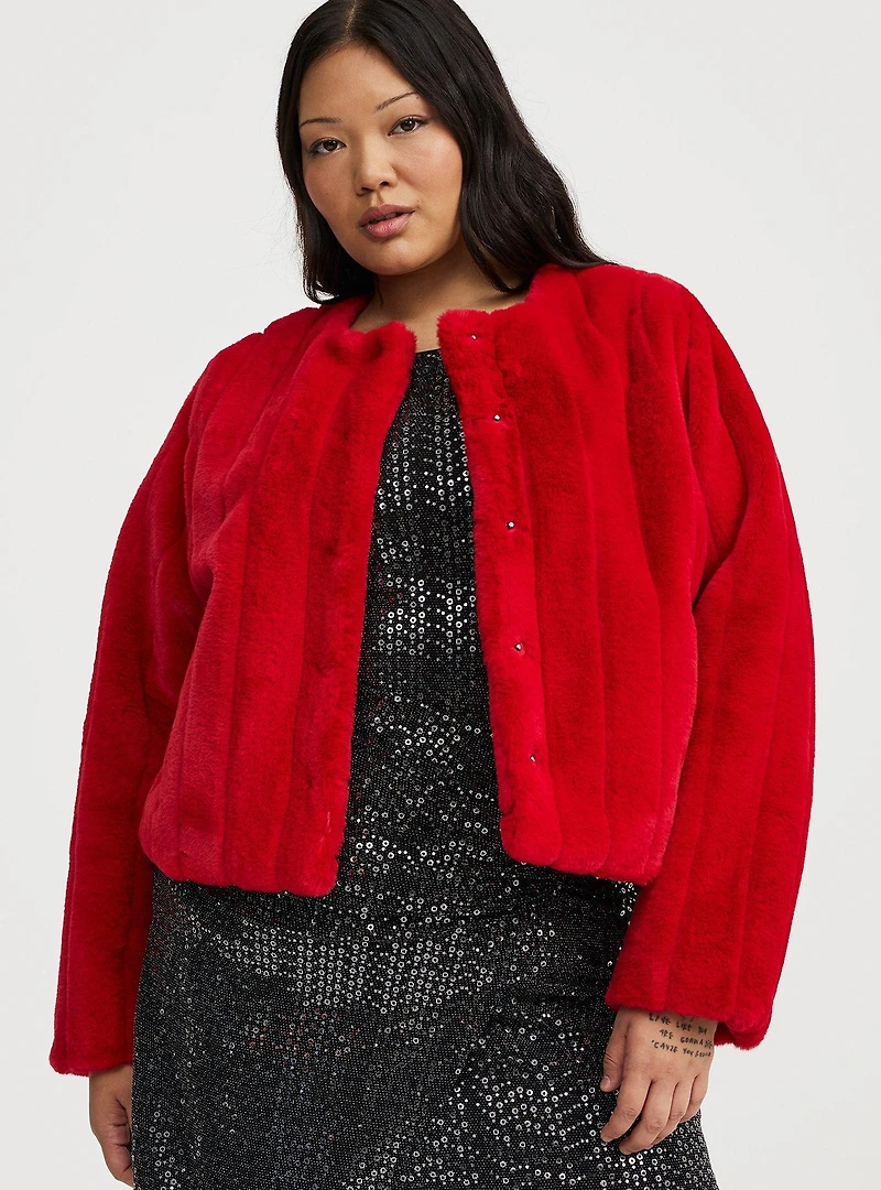 Collarless Faux Fur Jacket