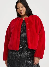 Collarless Faux Fur Jacket