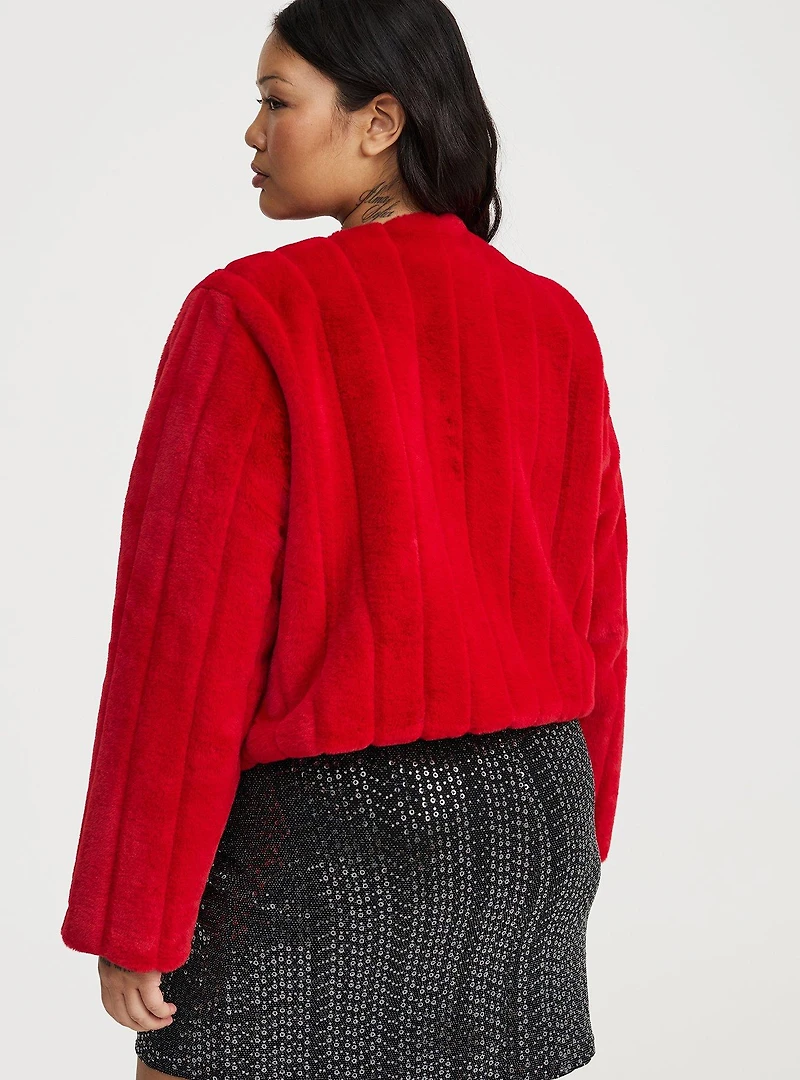 Collarless Faux Fur Jacket