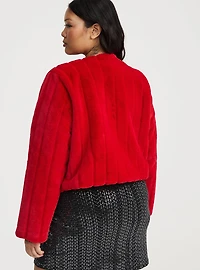 Collarless Faux Fur Jacket