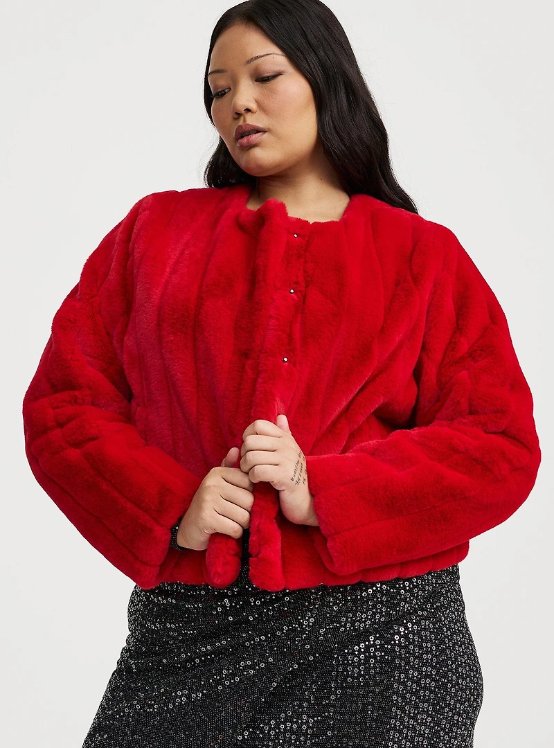 Collarless Faux Fur Jacket