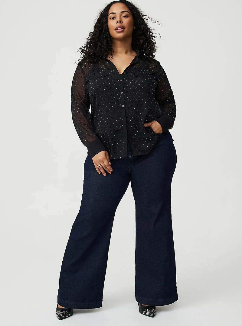 Rhinestone Button-Up Tunic Shirt