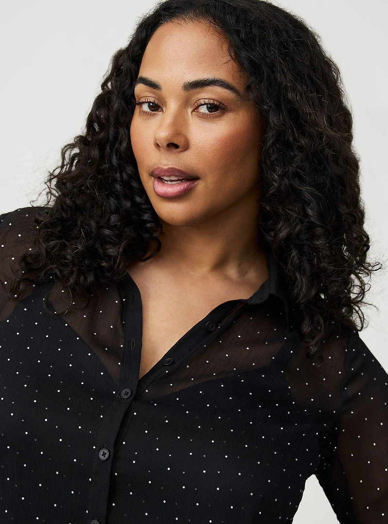 Rhinestone Button-Up Tunic Shirt