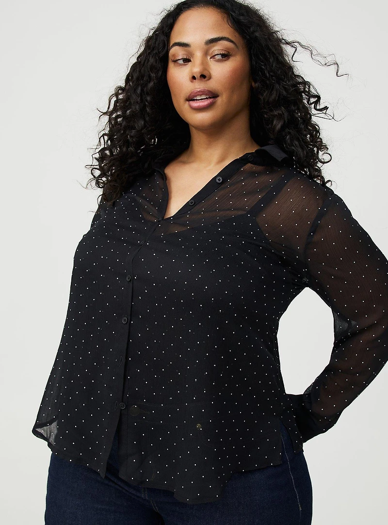 Rhinestone Button-Up Tunic Shirt