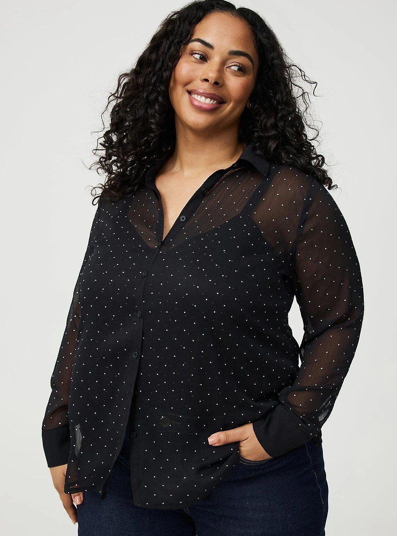 Rhinestone Button-Up Tunic Shirt