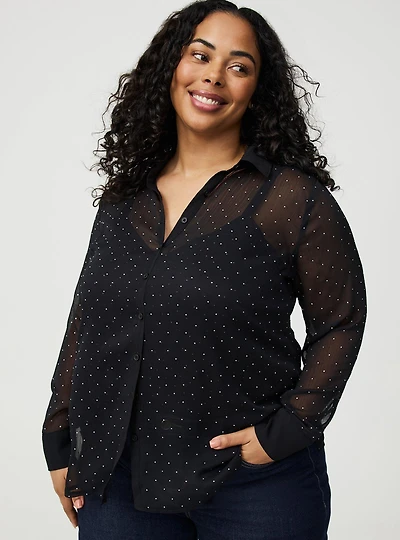 Rhinestone Button-Up Tunic Shirt