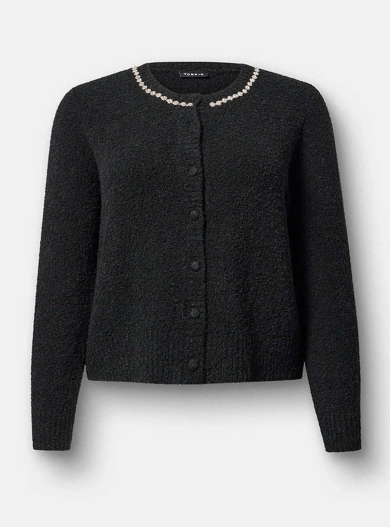 Boucle Embellished Crew Neck Cardigan