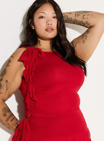 LoveSick Shirred Ruffle-Shoulder Top