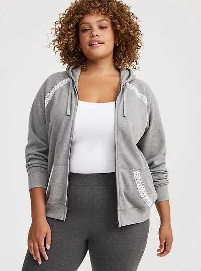 Cozy Fleece Lace Trim Zip-Up Hoodie
