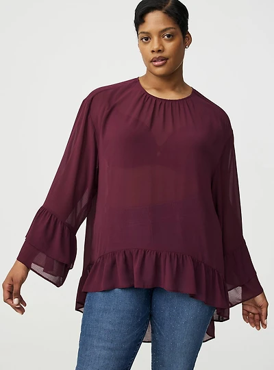 Chiffon Ruffle Hi-Low Blouse