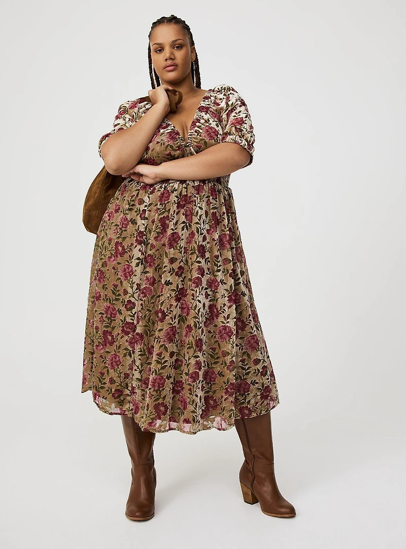 Burnout Velvet Raglan Tea Length Dress