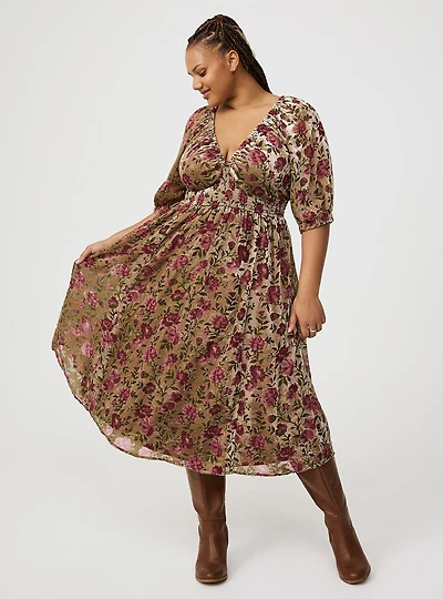 Burnout Velvet Raglan Tea Length Dress