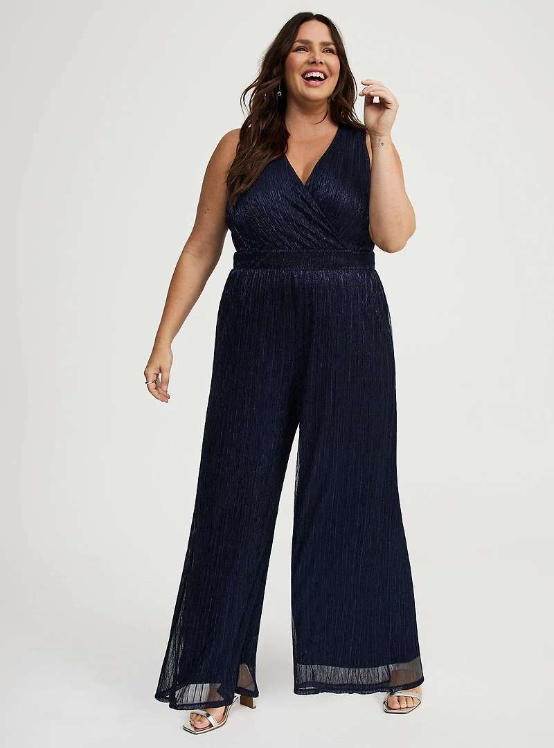 Glitter Surplice Wide Leg Jumpsuit