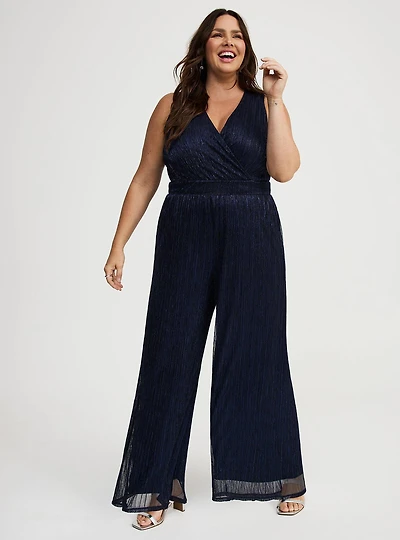 Glitter Surplice Wide Leg Jumpsuit