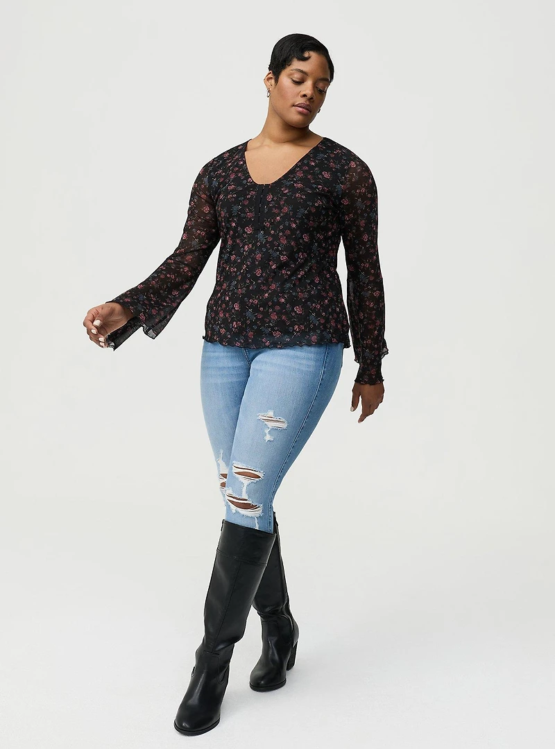 Stretch Mesh V-Neck Bell Sleeve Top