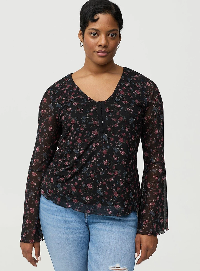 Stretch Mesh V-Neck Bell Sleeve Top