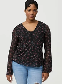 Stretch Mesh V-Neck Bell Sleeve Top