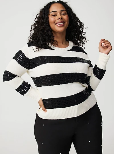 Sequin Striped Crew Pullover Sweater