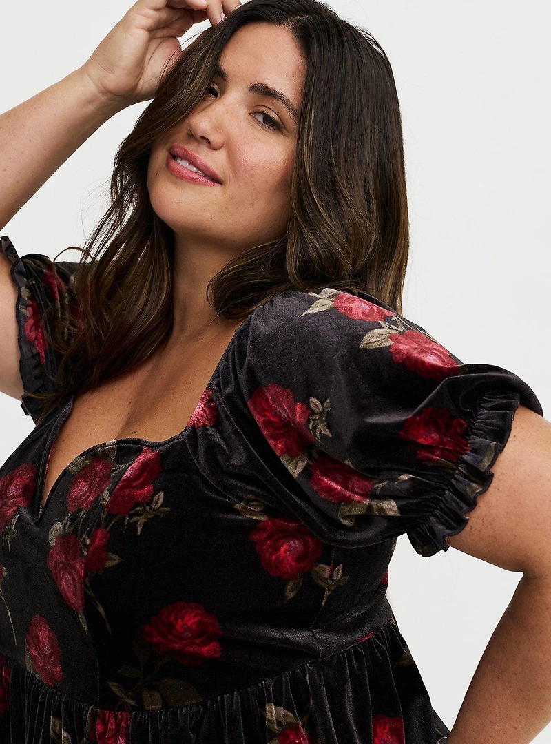 Velour V-Wire Puff Sleeve Babydoll Top